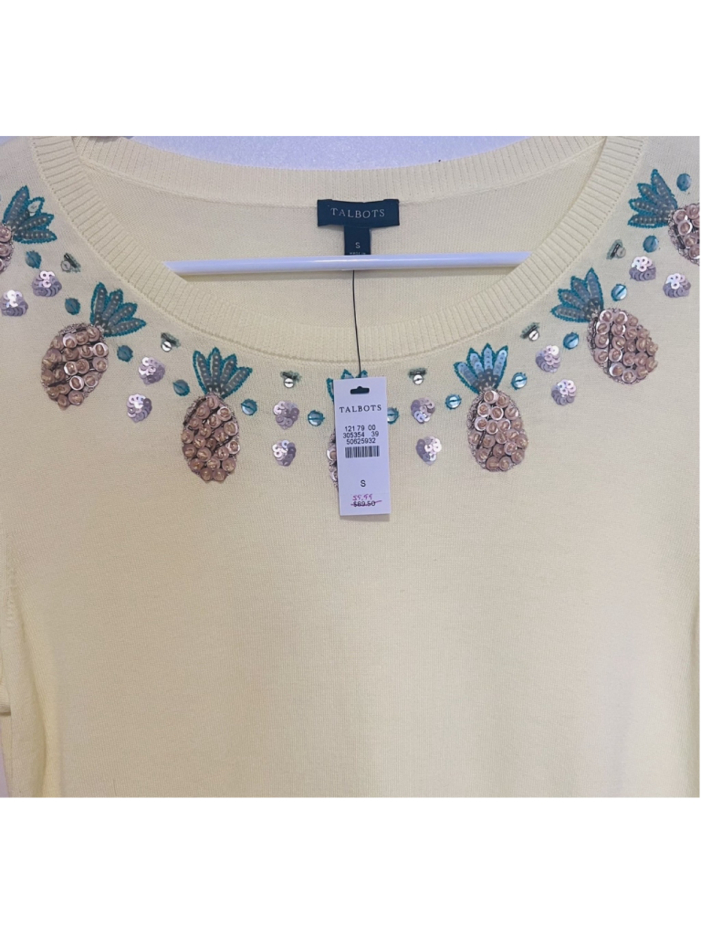 NWT Talbots Beaded Pineapple Sweater Women’s Small Yellow Embellished Top - Picture 3 of 4